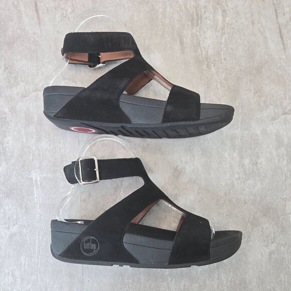 Fitflop Arena Sandals 6 Black Suede Open Toe Strappy Minimalist Comfort Platform - Picture 5 of 12